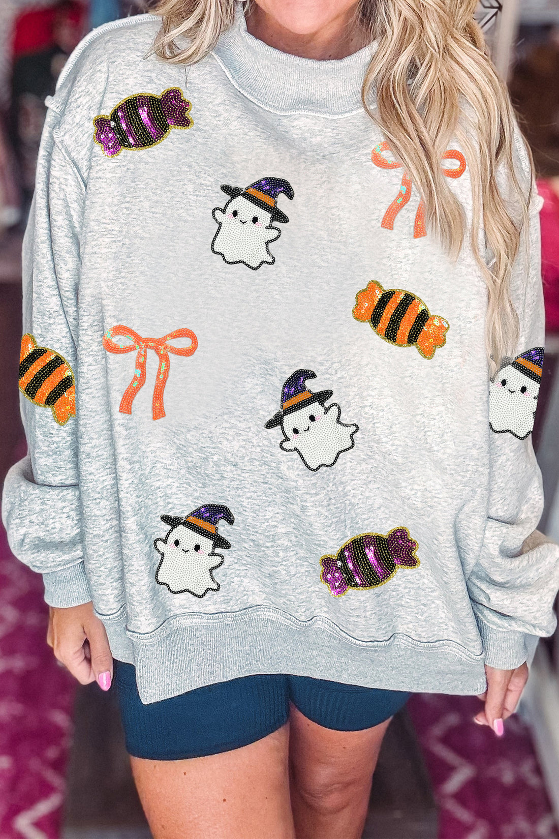 Light Grey Halloween Sequin Ghost Candy Pullover Graphic Sweatshirt