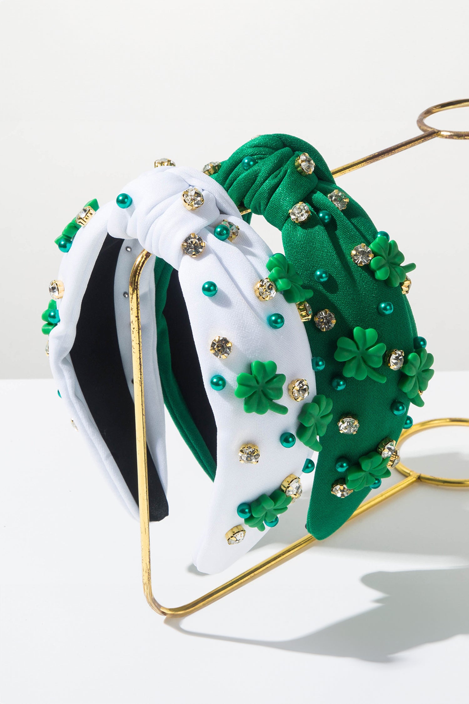 Dark Green Pearl Bead Rhinestone Embellished Lucky Clover Knotted Headband