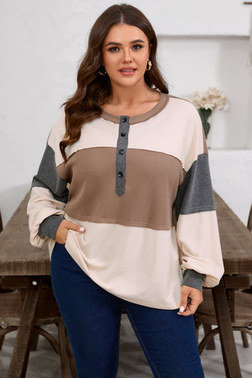 Jet Stream Waffle Patchwork Colorblock Half Buttons Casual Plus Size Knit Jumper