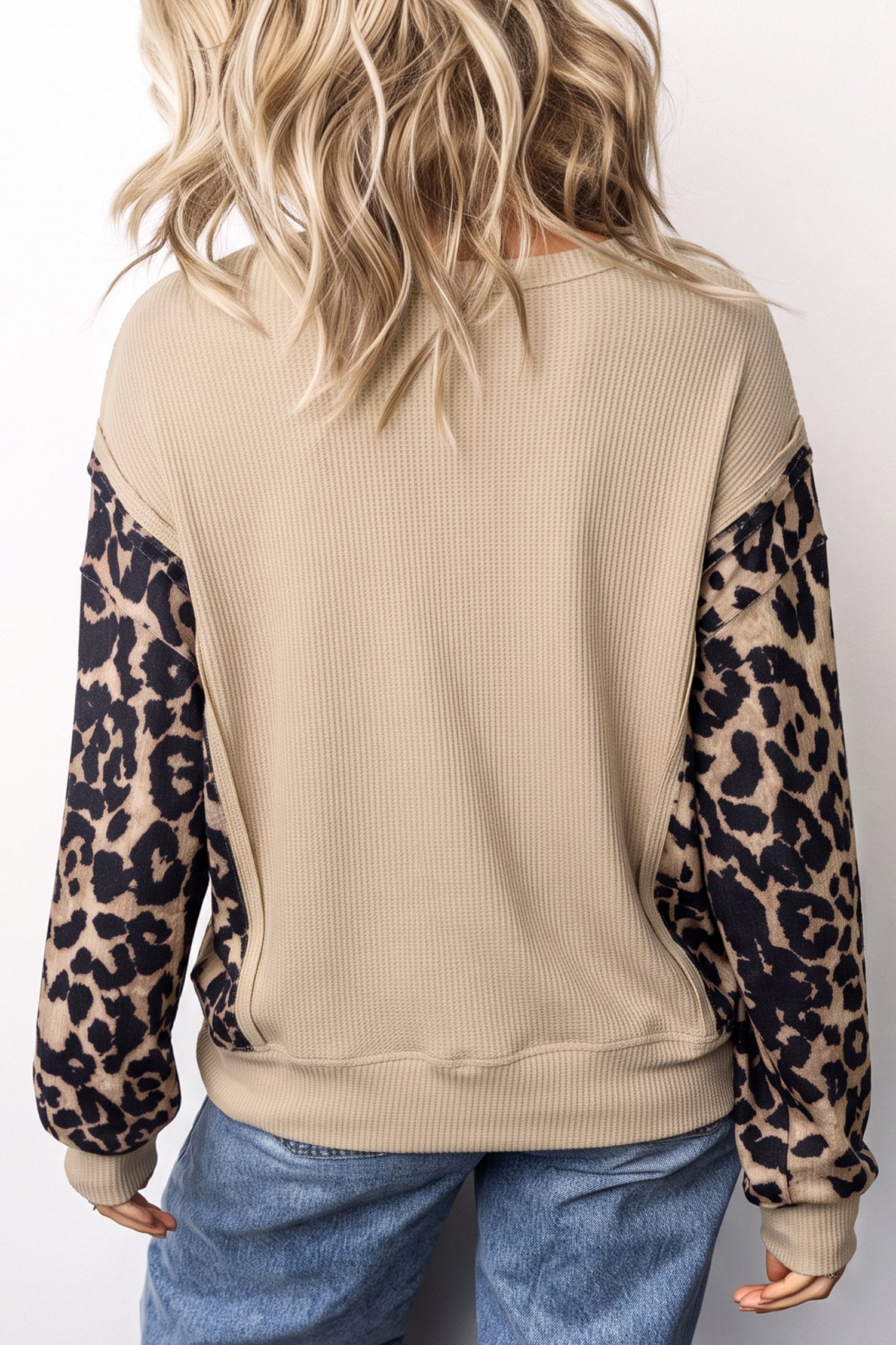 Gray Morn Sequined Western Horse Graphic Leopard Sleeve Patchwork Waffle Knit Top