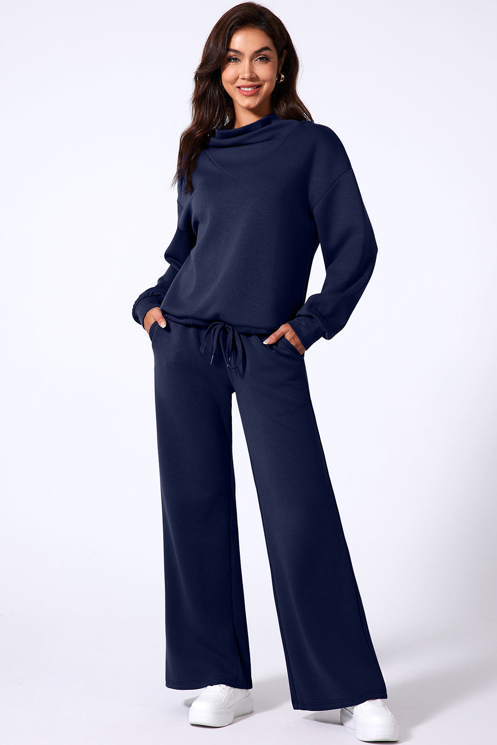 Navy Blue Solid Color Cowl Neck Drawstring Pullover Wide Leg Athleisure Pants Set