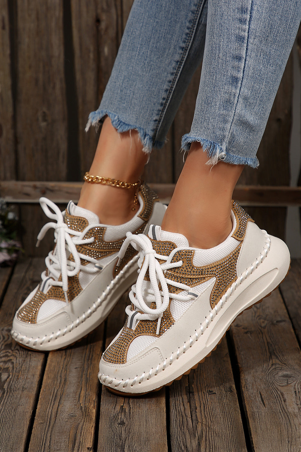 White Rhinestone Embellished Color Block Patchwork Lace-up Breathable Sneakers
