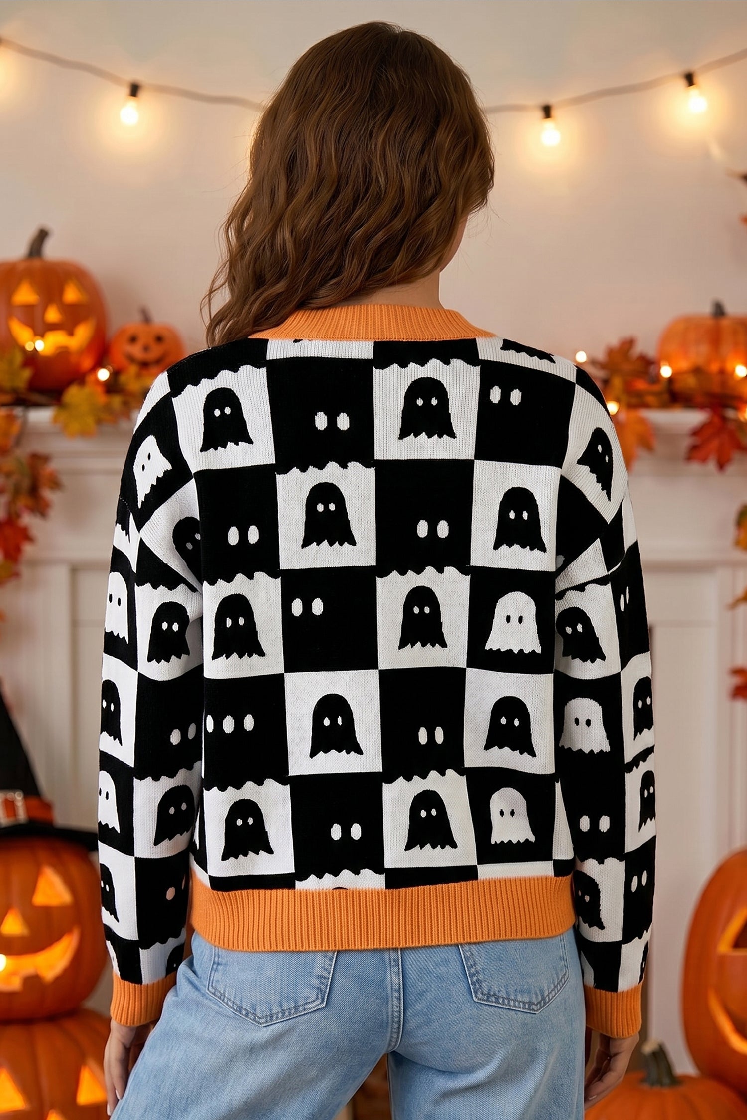 Black Geometric Ghost Print Drop Shoulder Knit Cardigan