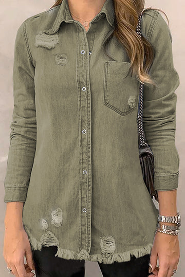 Khaki Raw Hem Distressed Denim Shirt Jacket
