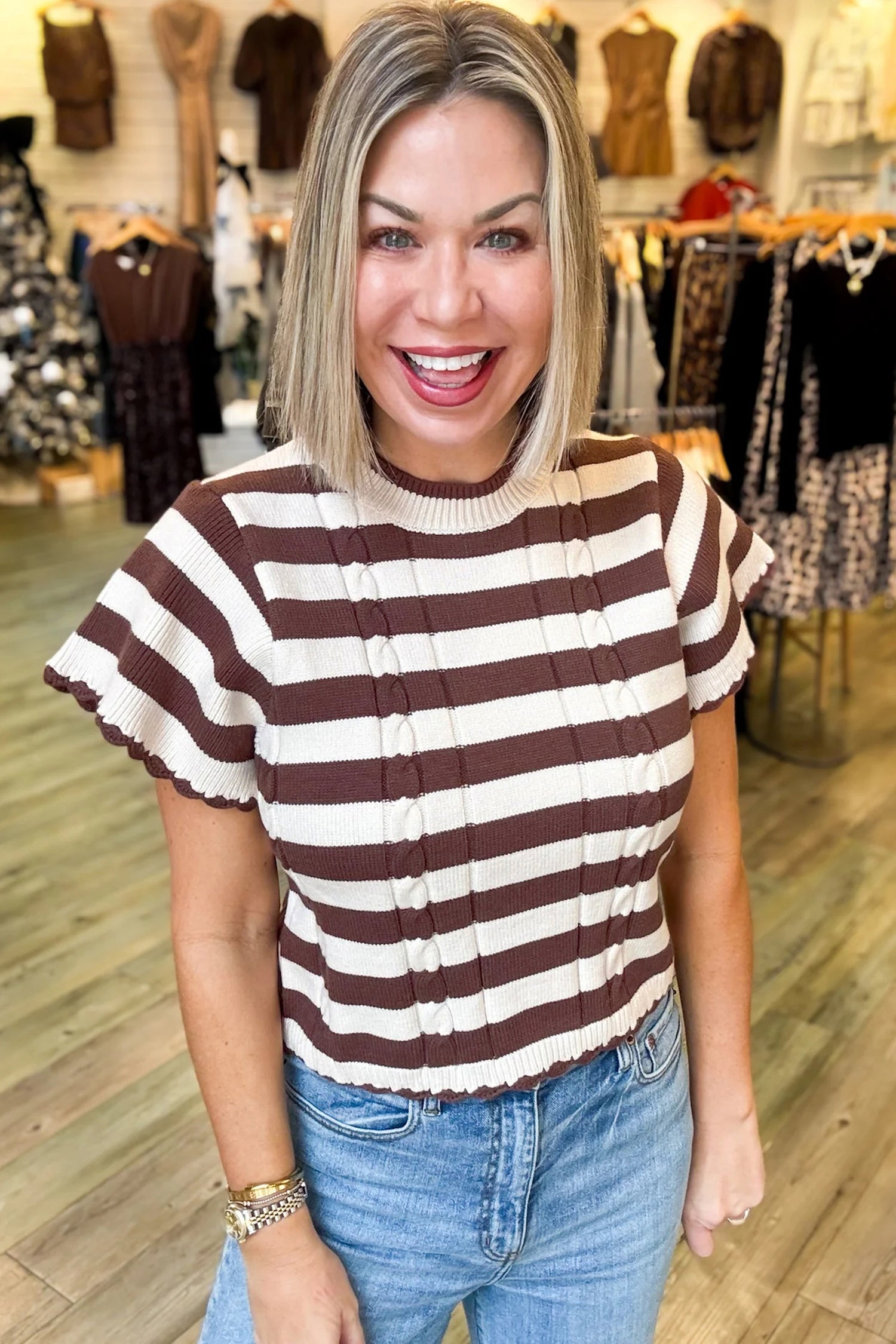 Brown Stripe Ribbed Knit Cable Detail Short Sleeve Sweater