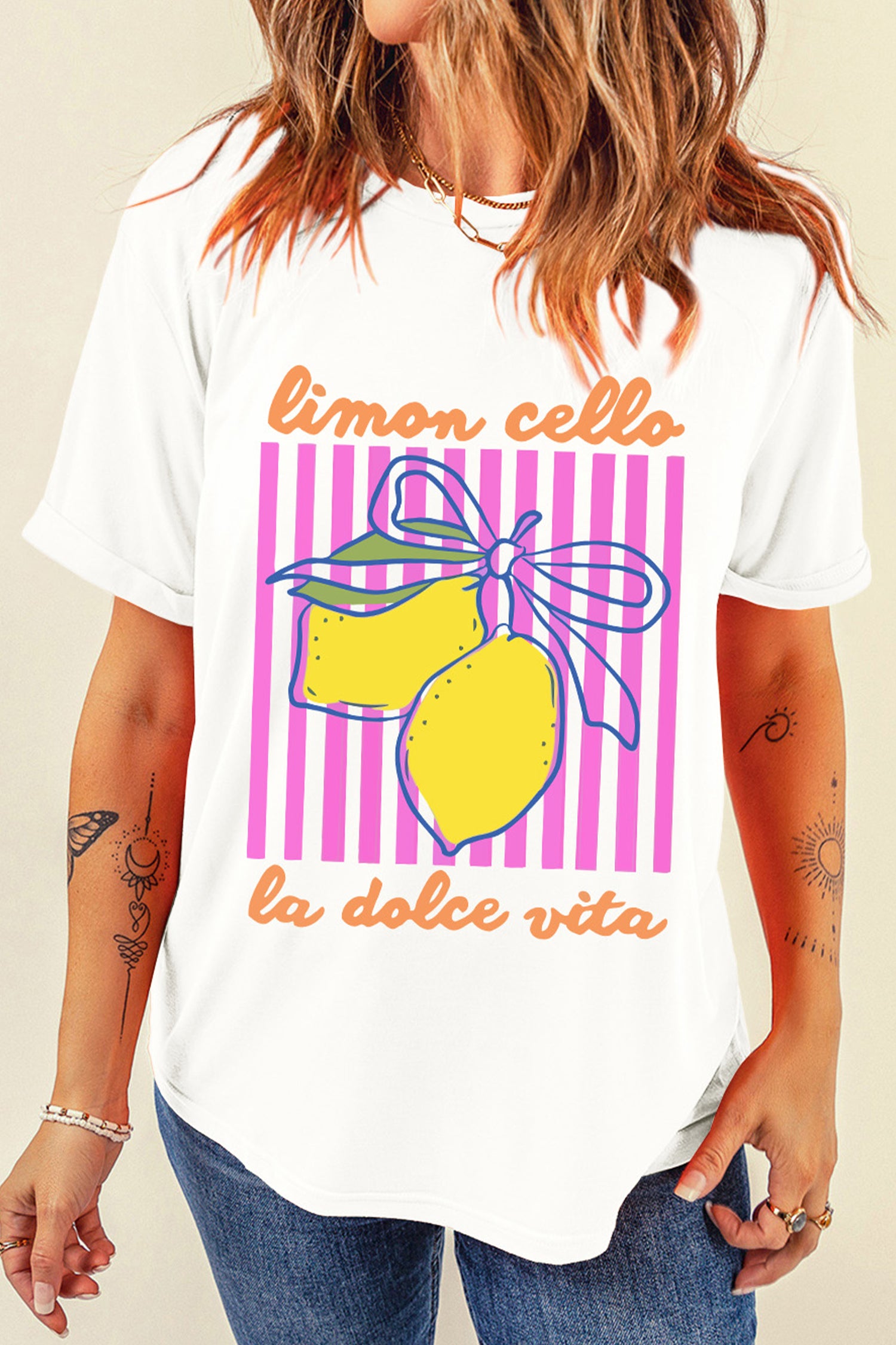 White Limon Cello La Dolce Vita Striped Graphic Tee