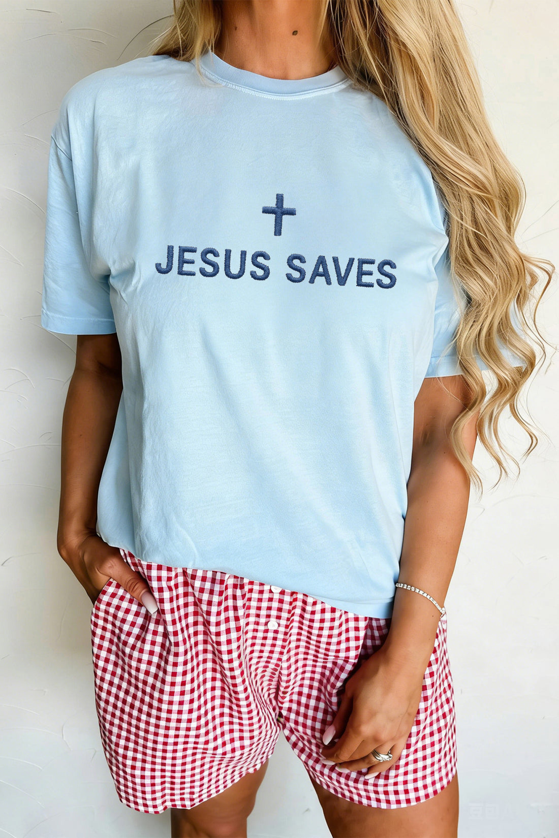 Light Blue Embroidered JESUS SAVES Slogan T Shirt