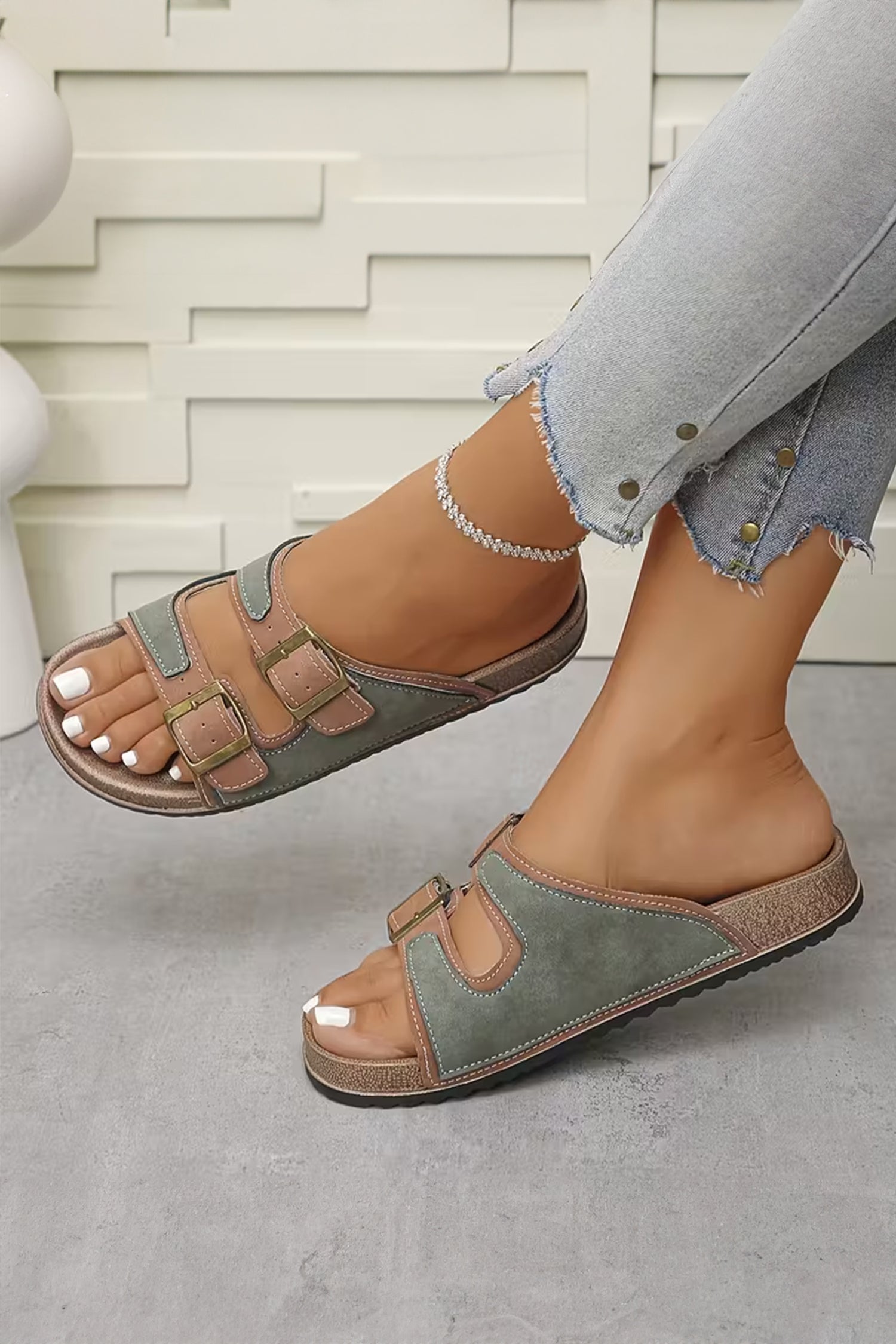 Dusk Blue Embroidered Trim Retro Buckle Faux Suede Slippers