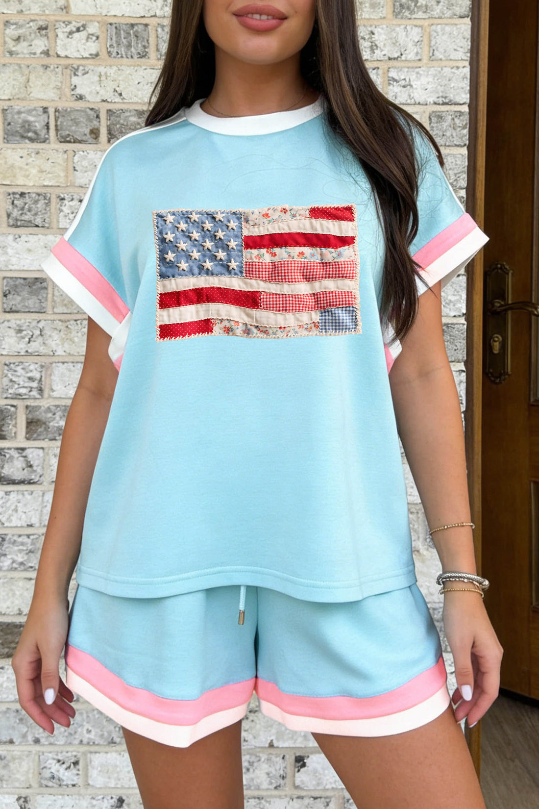 Mist Blue Color Block Trim Mixed Flag Pattern Short Two Piece Set