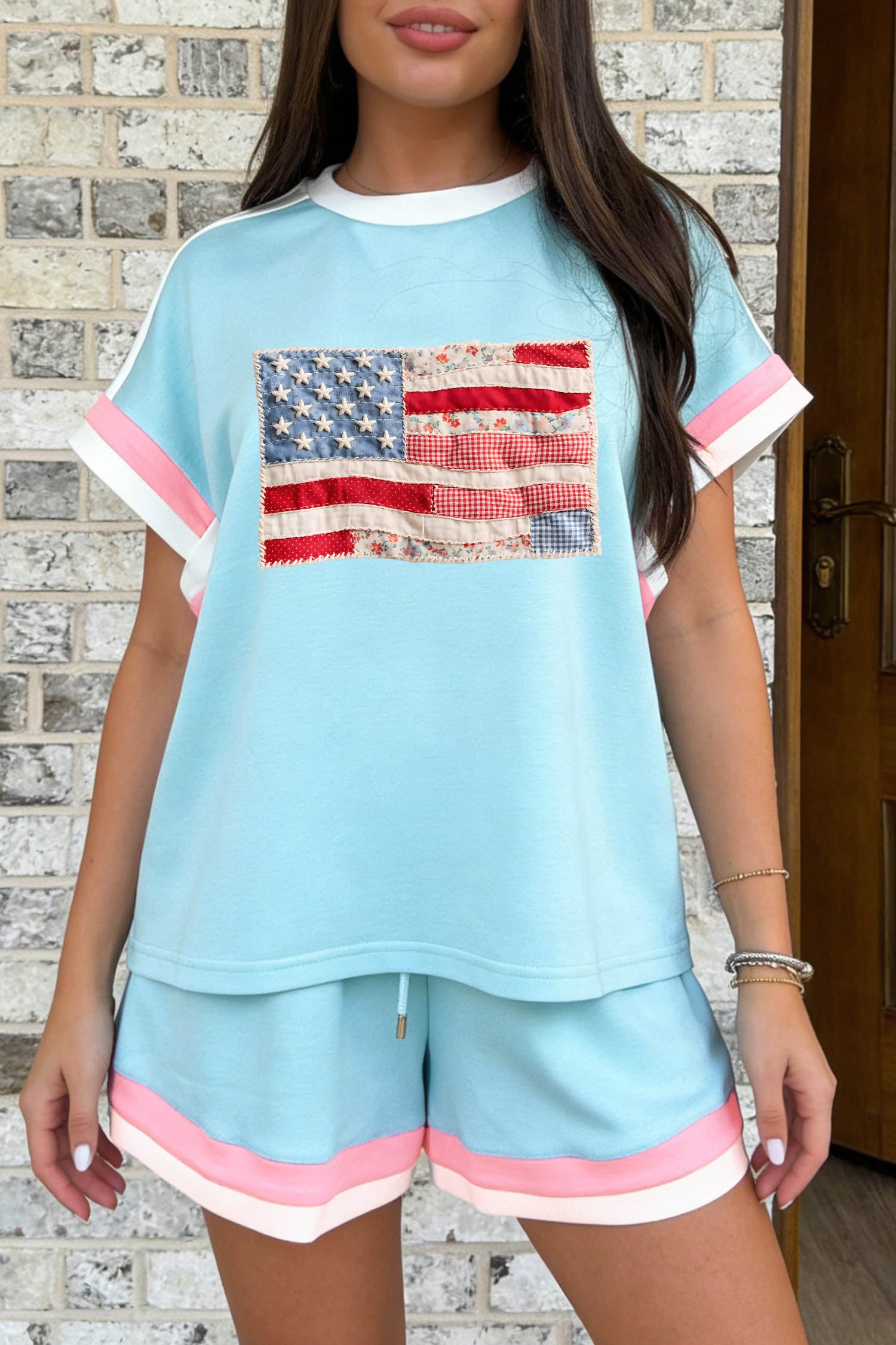 Mist Blue Color Block Trim Mixed Flag Pattern Short Two Piece Set