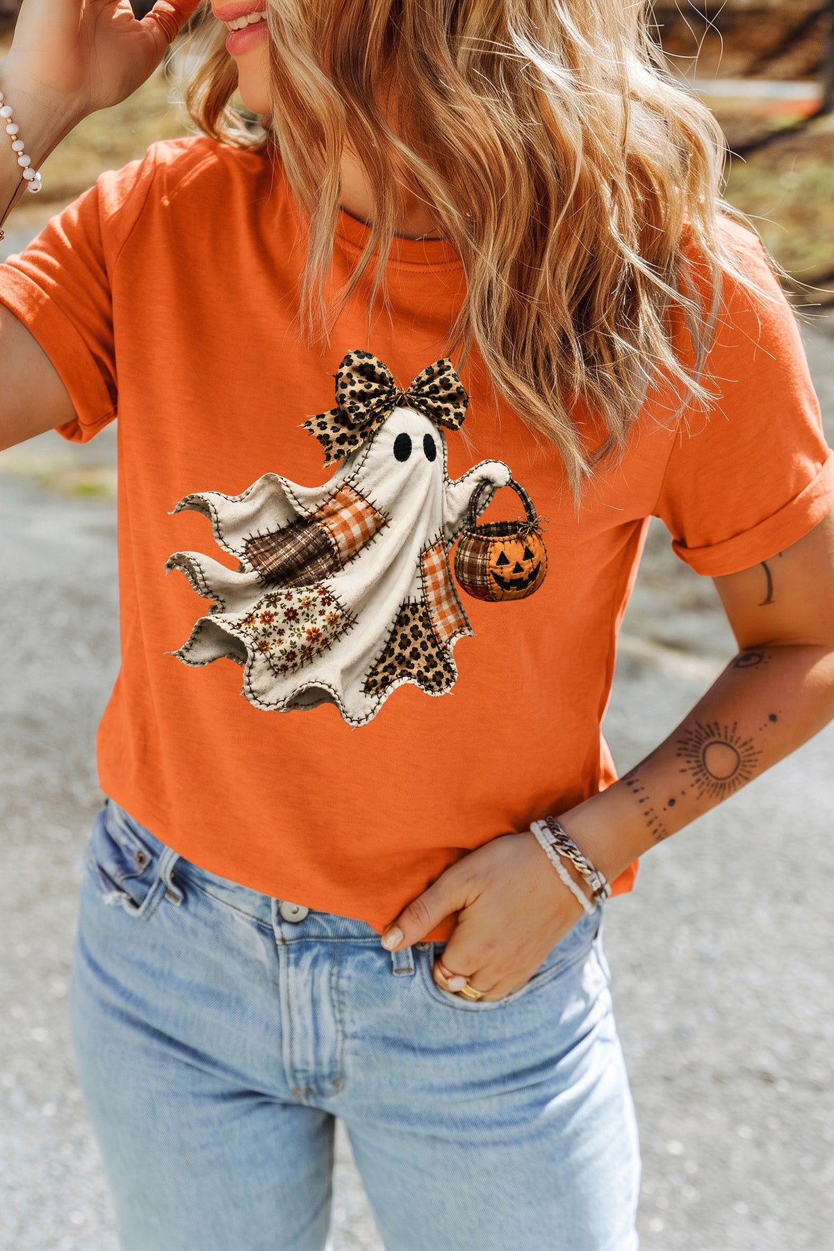 Orange Leopard Bow Halloween Ghost Printed T Shirt