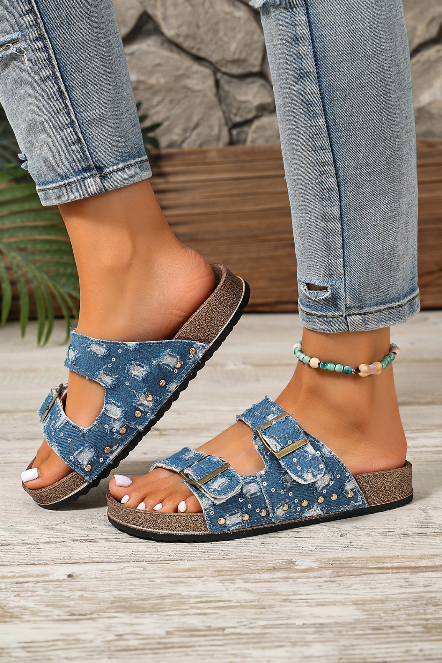 Sky Blue Leopard Two-tone Retro Buckle Straps Hollowed Faux Suede Slippers