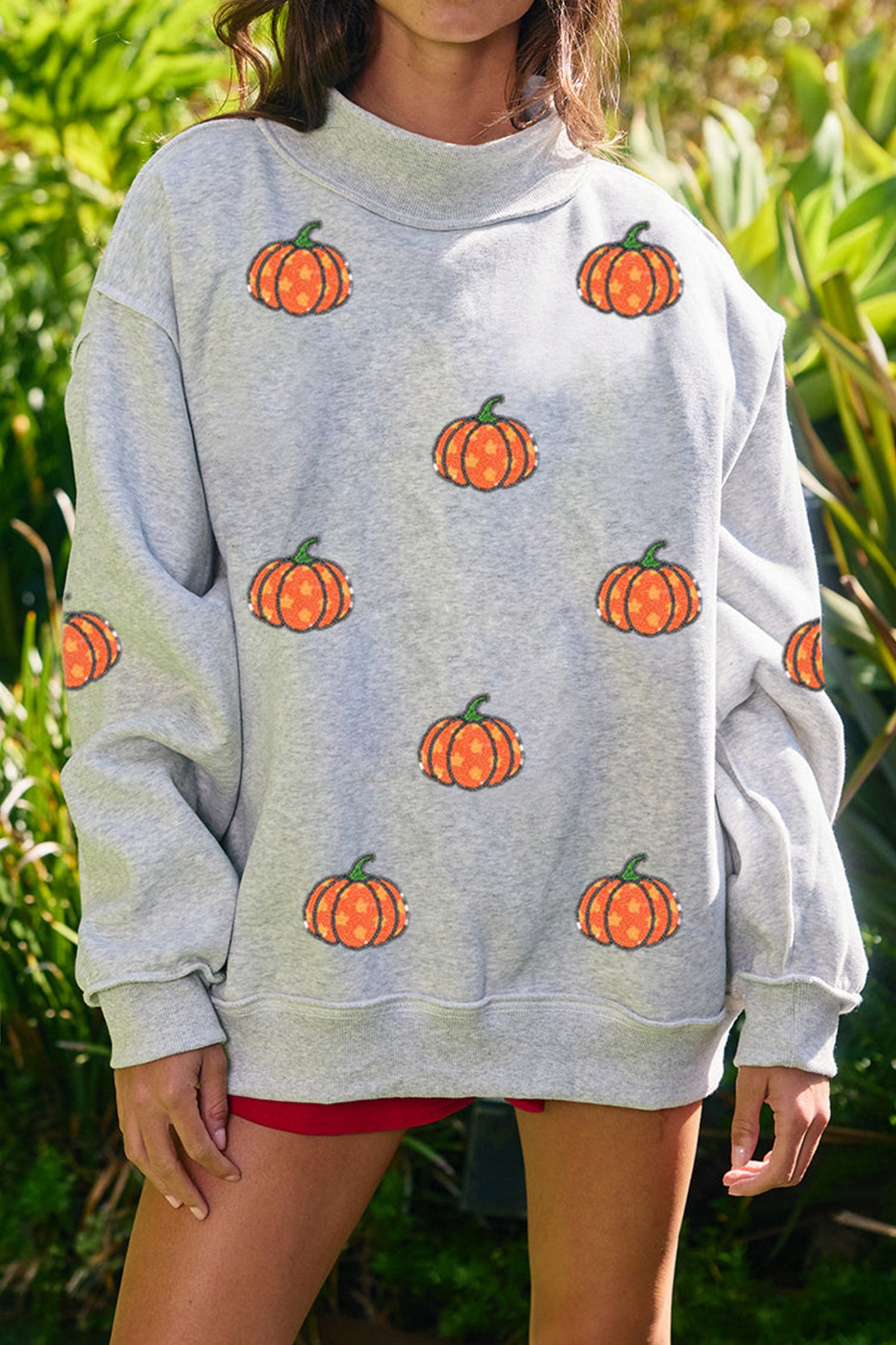 Light Grey Sequin Star Pumpkin Graphic Exposed Seam Mock Neck Sweatshirt
