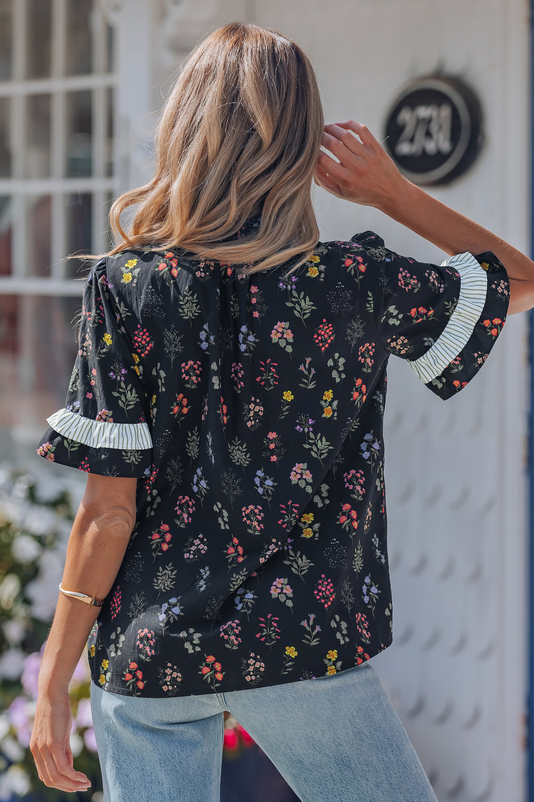 Black Contrast Frilled Trim Short Sleeve Floral Shirt