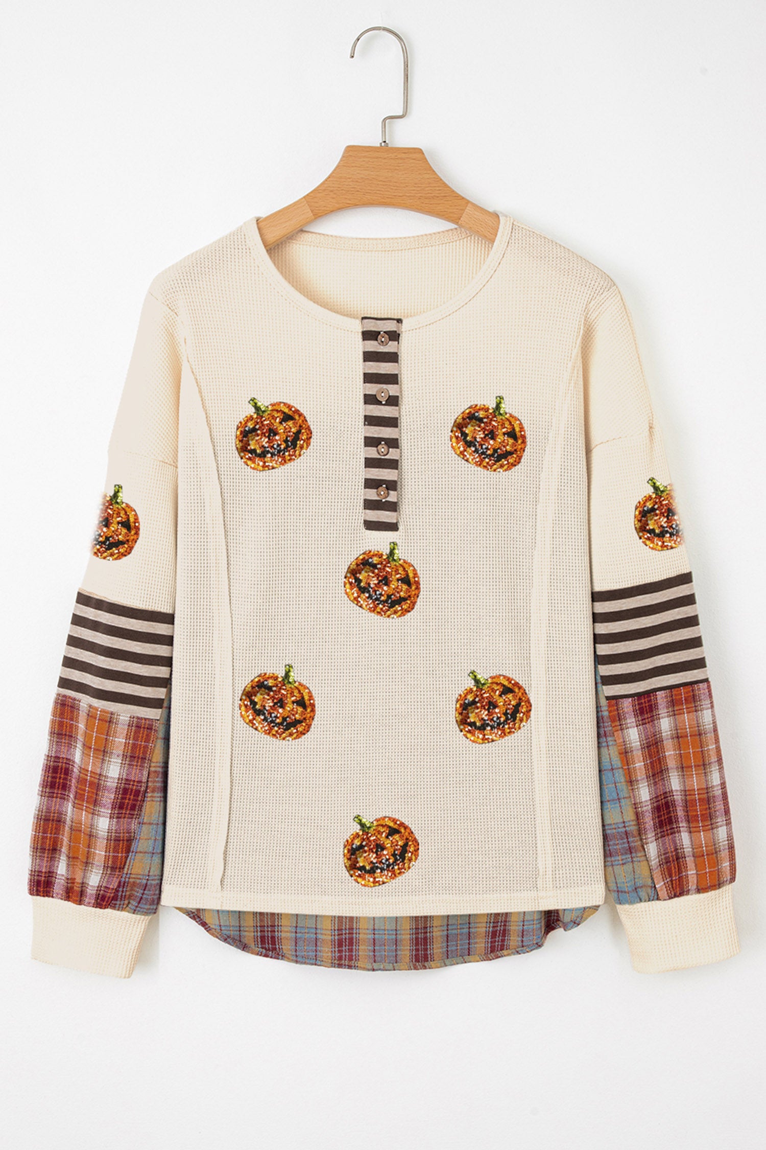 Beige Sequined Pumpkin Face Patched Henley Waffle Top