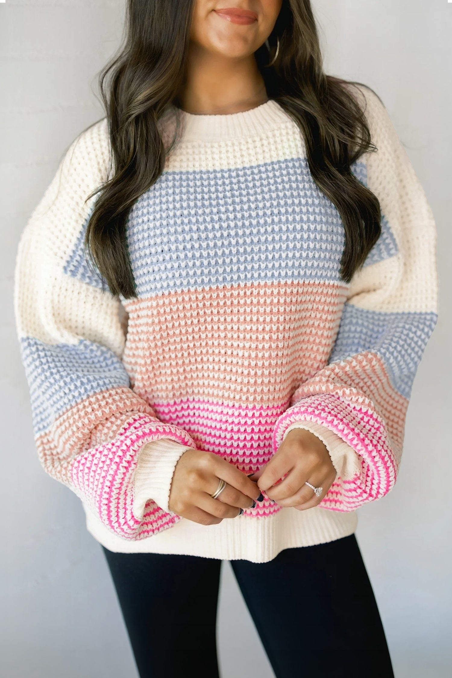 Light Blue Drop Shoulder Round Neck Long Sleeve Pullover Sweater