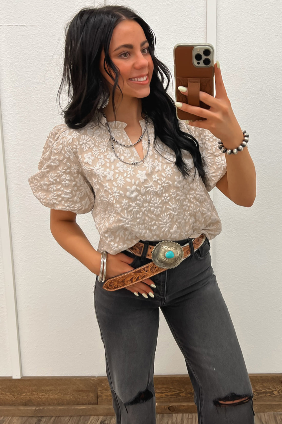 Beige Floral Textured Jacquard Puff Sleeve Blouse