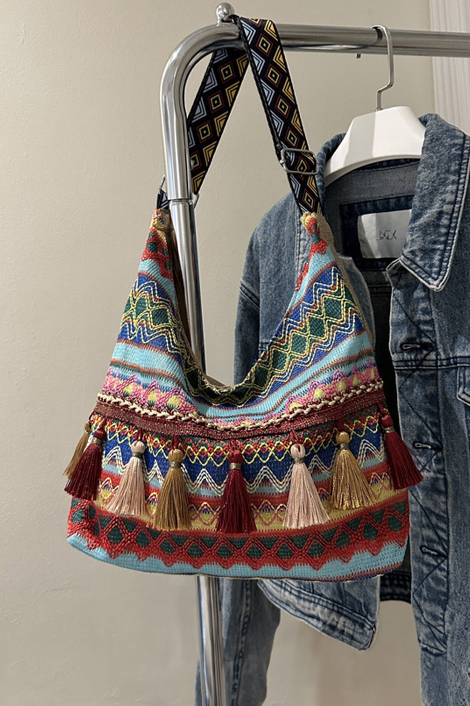 Beau Blue Boho Geometric Pattern Tassel Detail Canvas Tote Bag