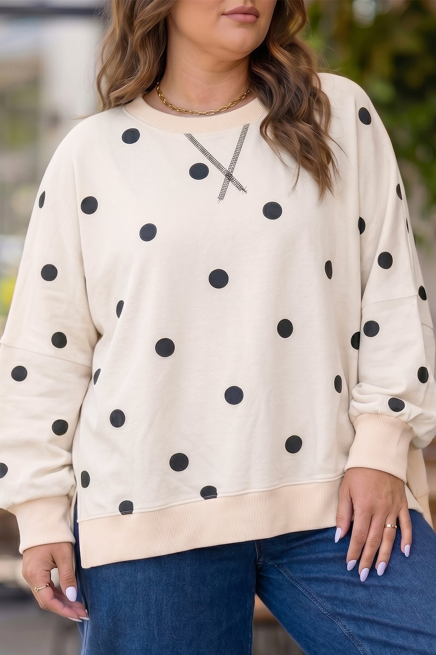 Beige Round Neck Long Sleeve Polka Dot Plus Size Top