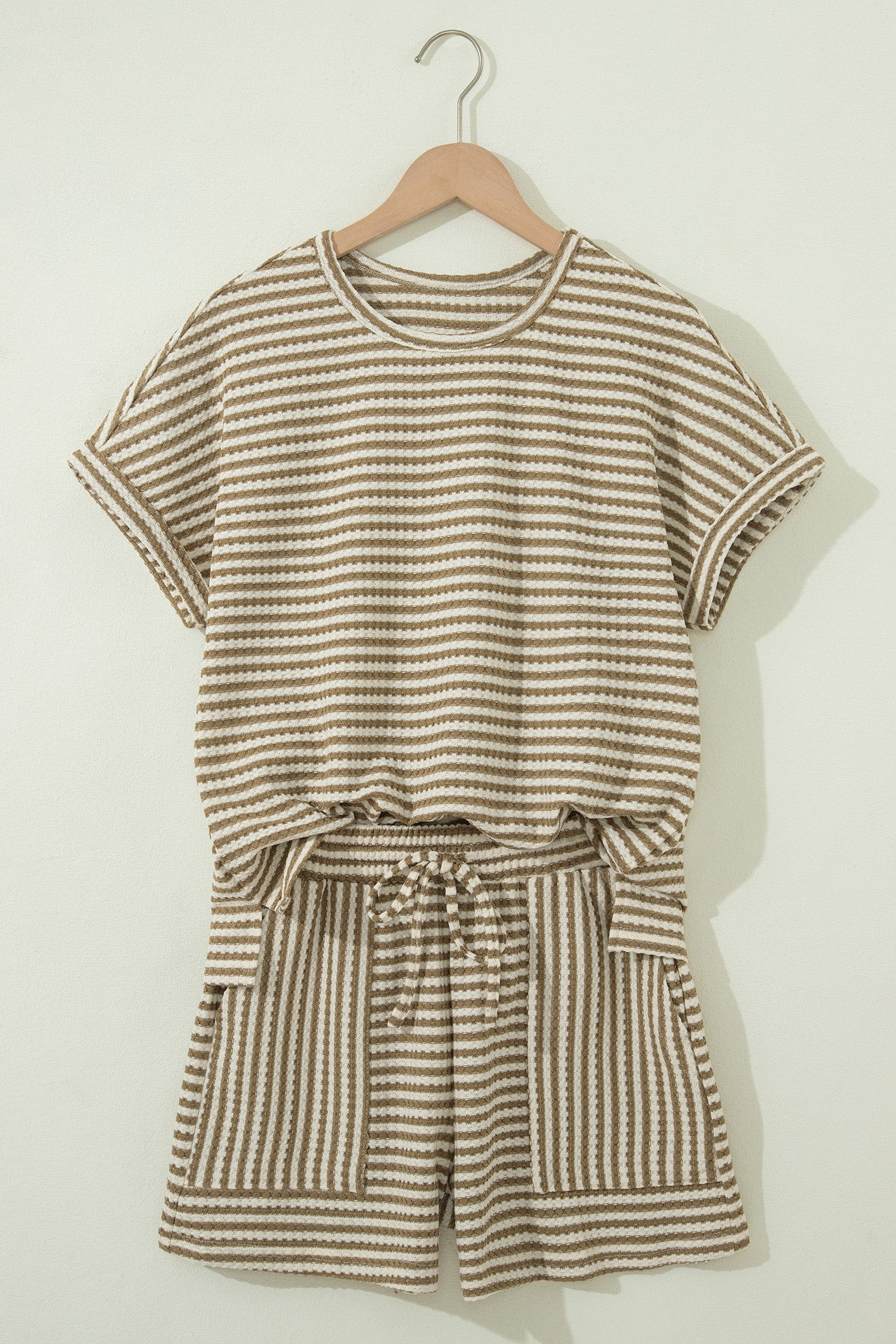 Brown Stripe Breathable Textured Knit Short 2pcs Set