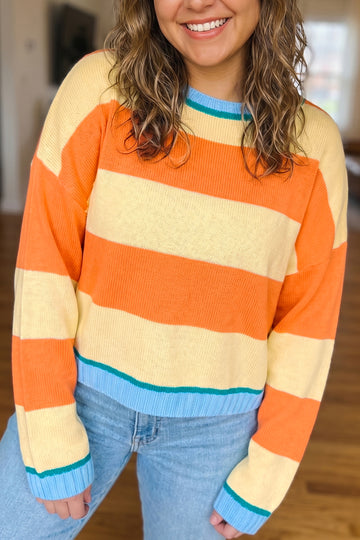 Yellow Stripe Striped Colorblock Round Neck Long Sleeve Oversized Plus Size Sweater