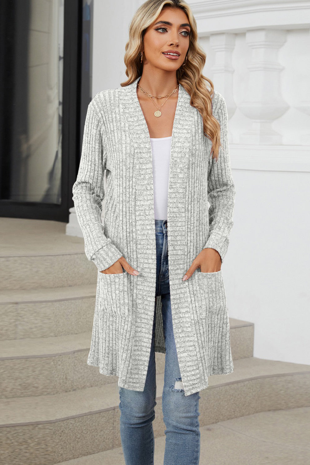 Gray Ribbed Knit Open Front Tunic Cardigan with Pockets