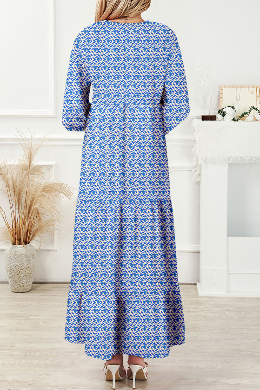 Blue Boho Printed Half Sleeve Maxi Dress