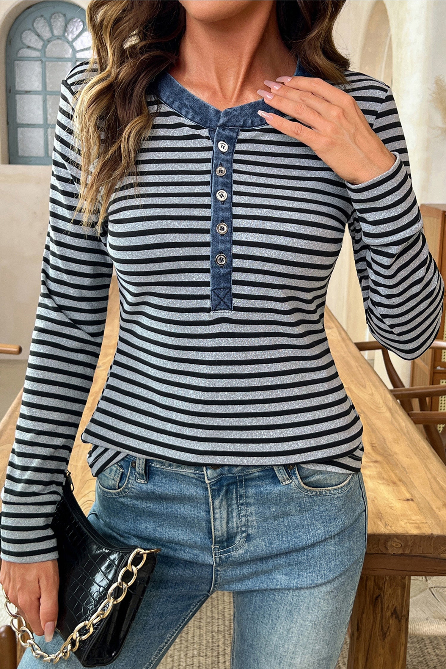 Gray Stripe Denim Contrast Collar Half Button Long Sleeve Top
