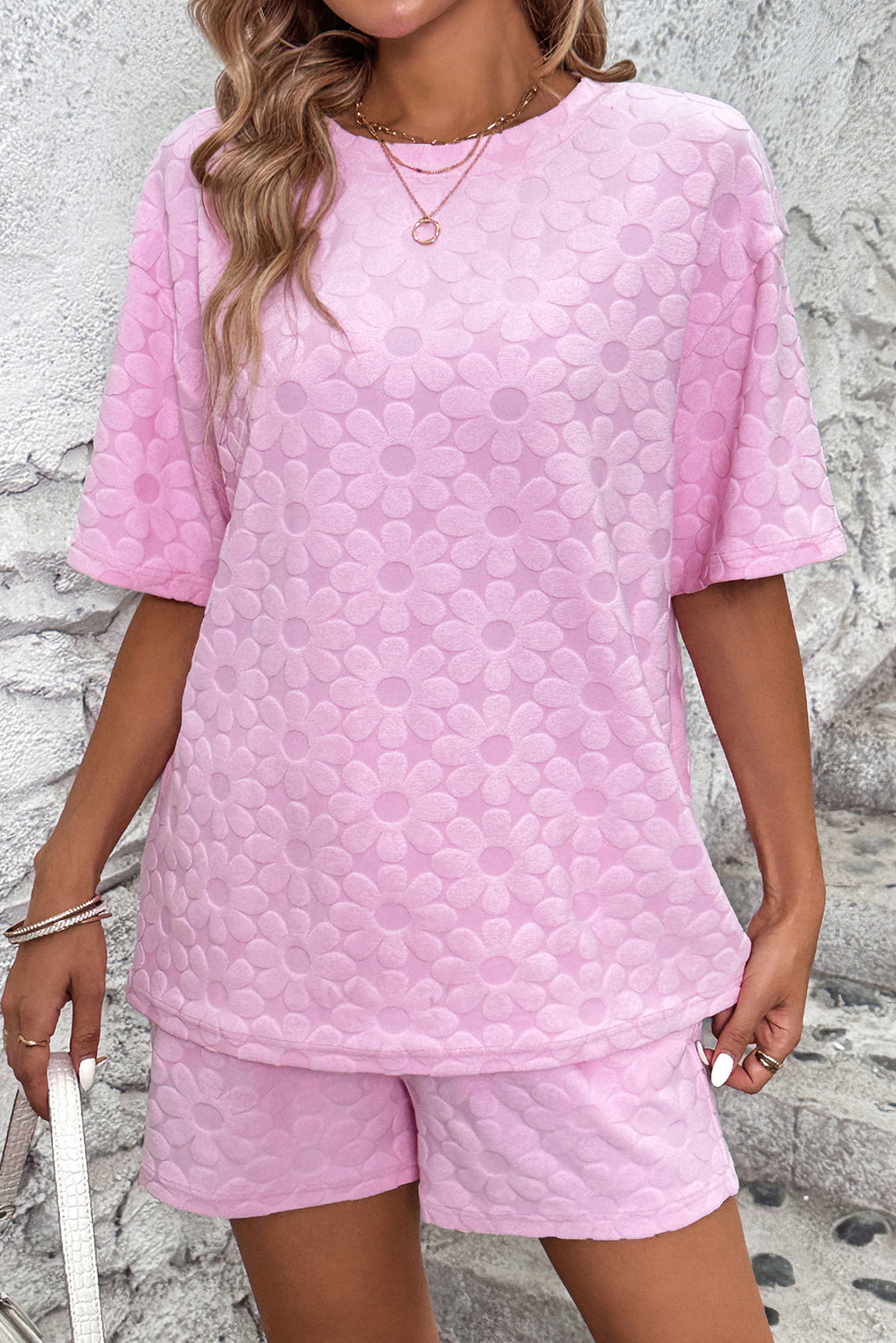 Pink Flower Embossed Texture Short 2pcs Outfit