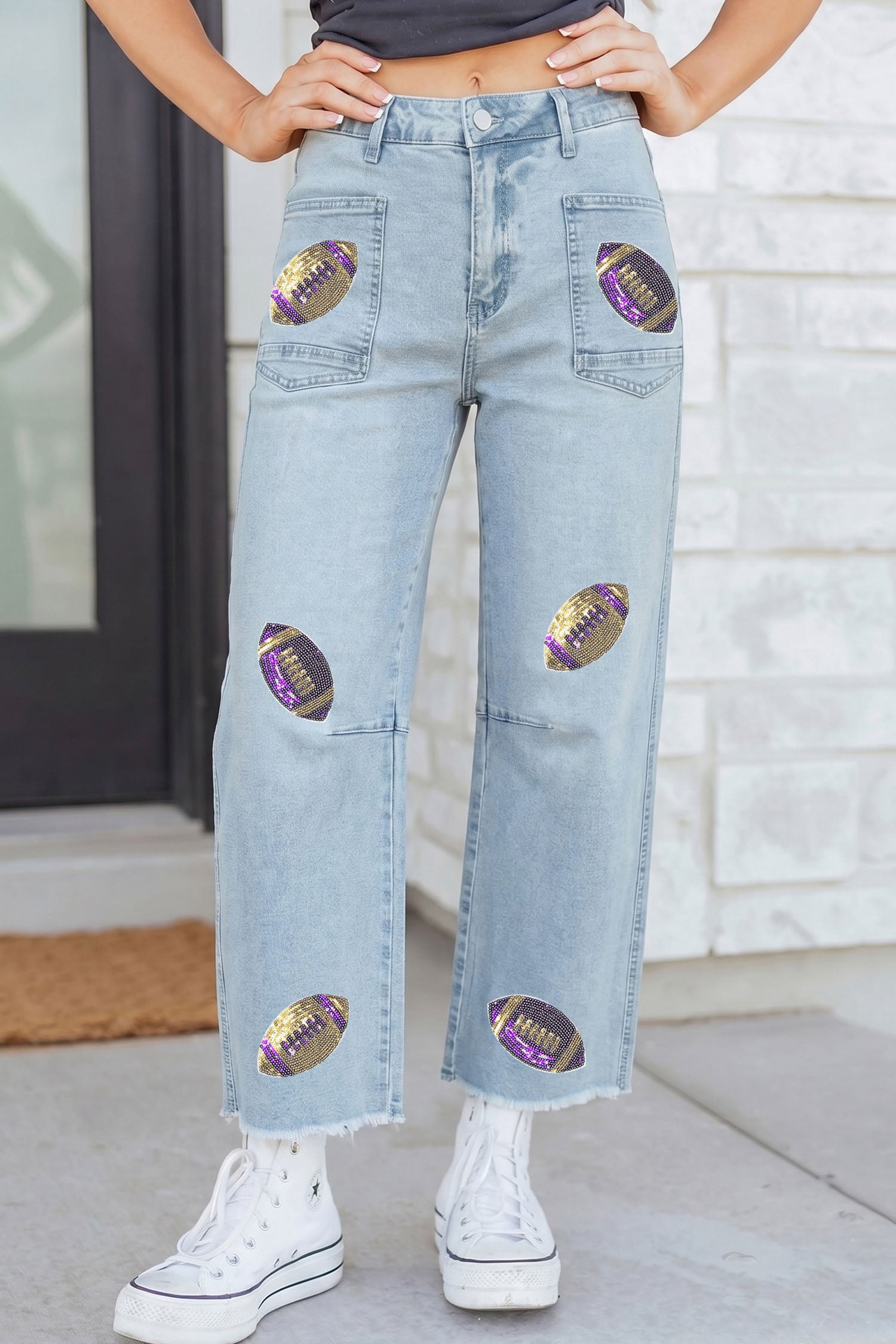 Beau Blue Sequin Rugby Patch Graphic Ankle Length Casual Jeans