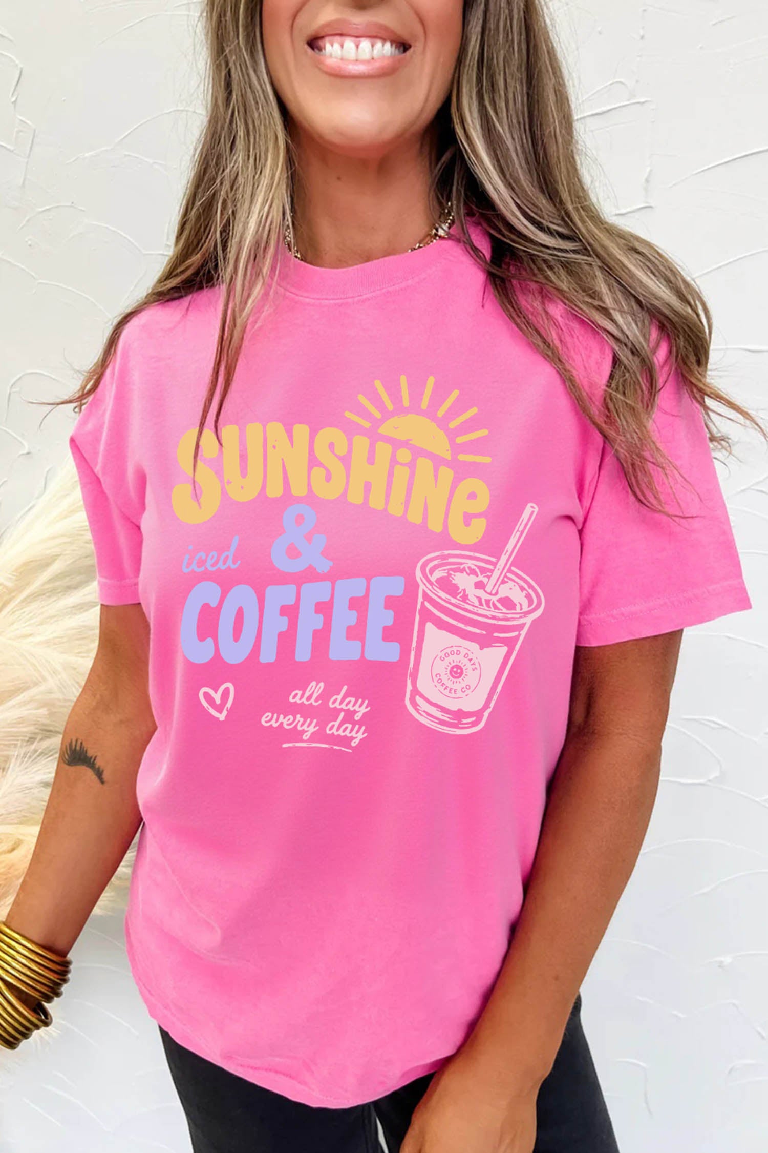Sachet Pink Sunshine Iced Coffee Slogan Beach Vacation Graphic Tee