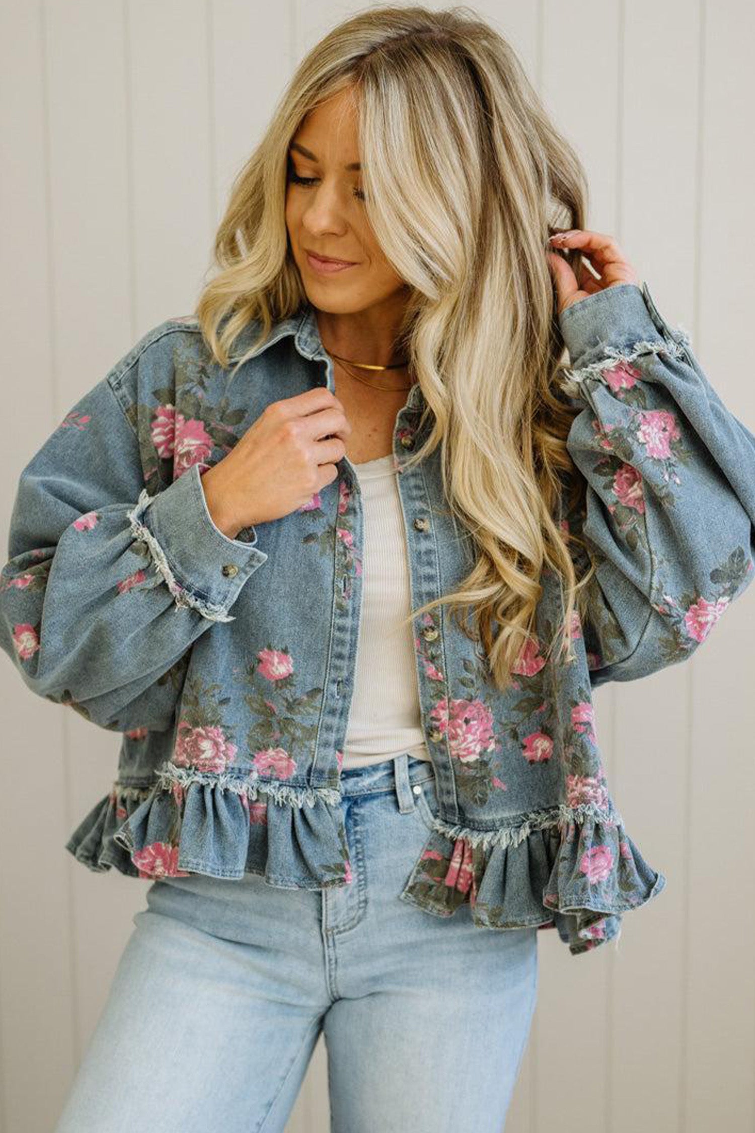 Sky Blue Floral Print Raw Seam Ruffle Hem Denim Jacket