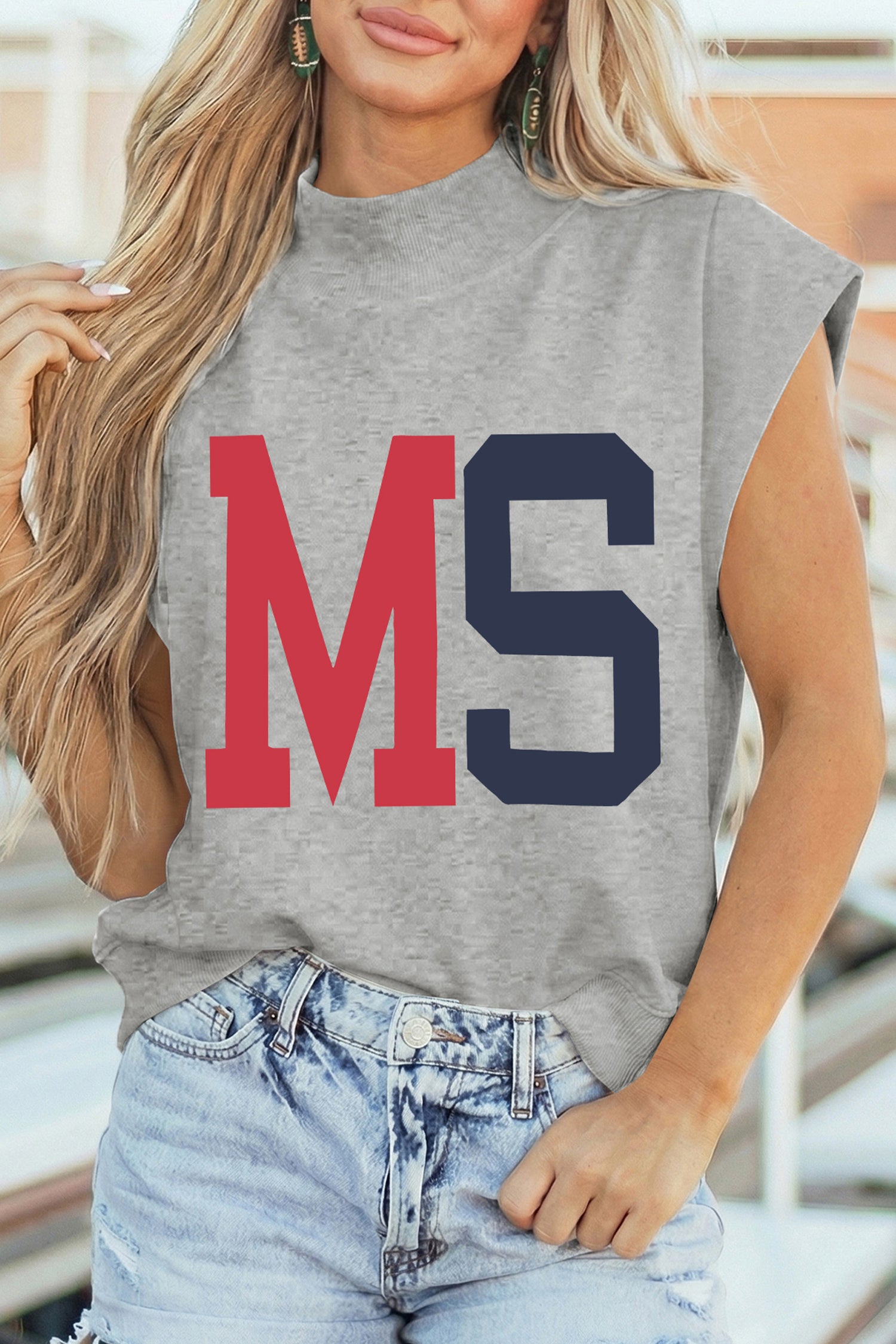 Light Grey MS/ MISSISSIPPI Double Side Printed Mock Neck Tee