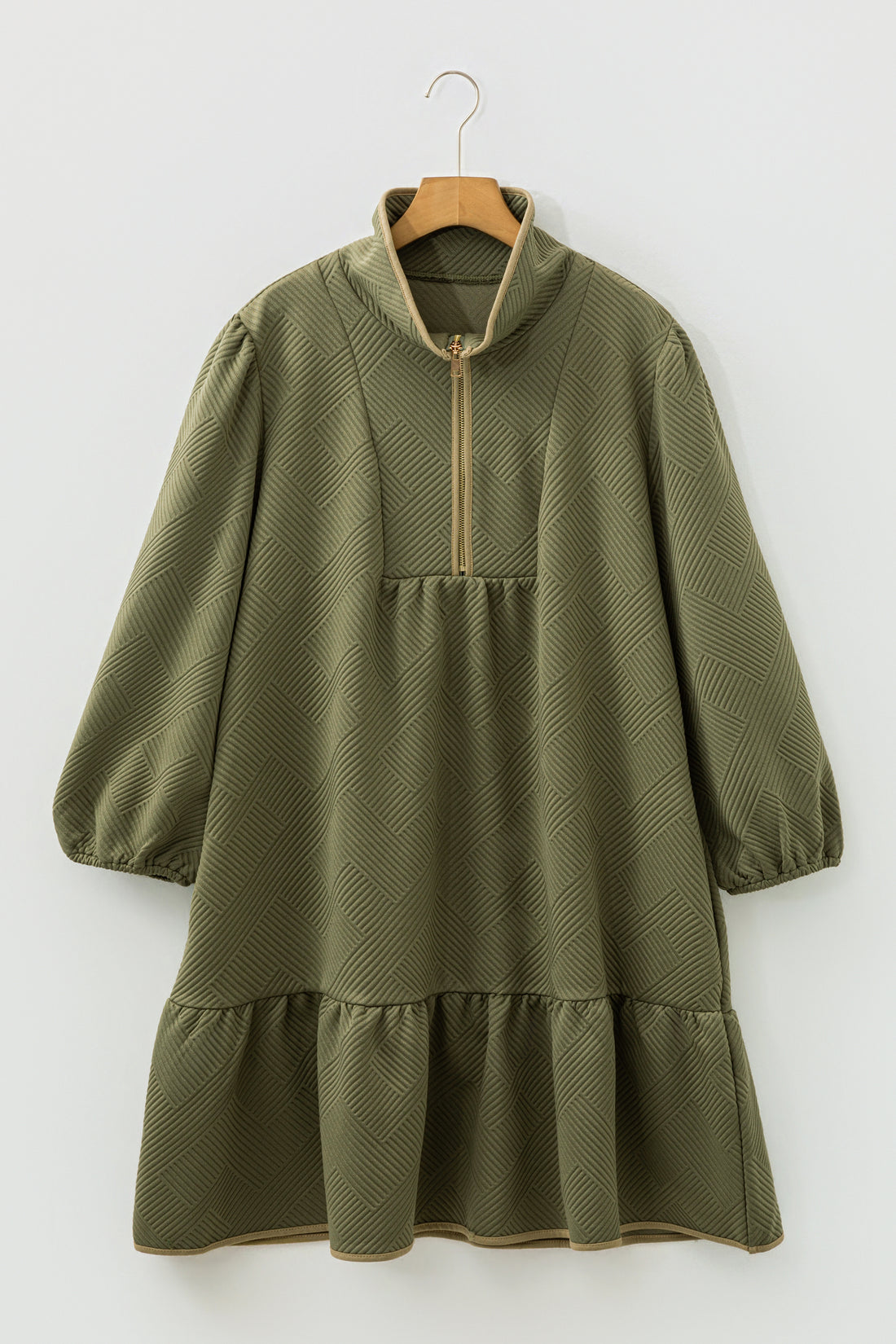 Jungle Green Plus Size Textured Contrast Trim Quarter Zip Bracelet Sleeve Mini Dress