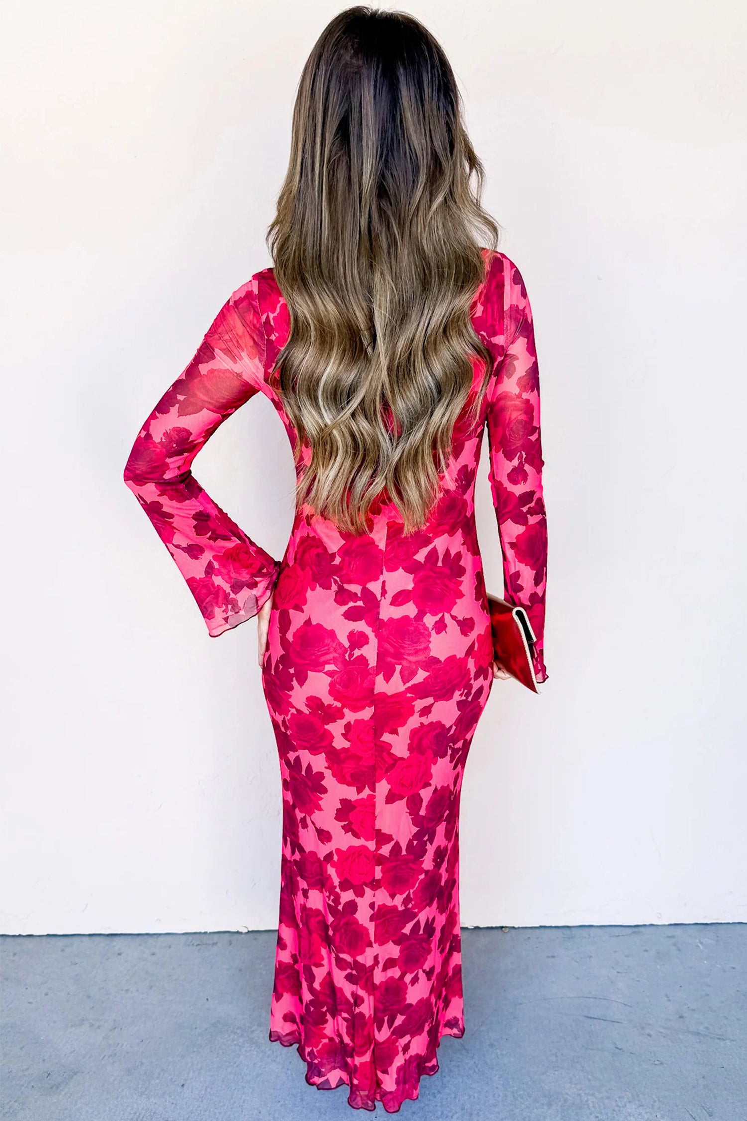Red Floral Print Cuff Hem Serging Long Sleeve Sheath Dress