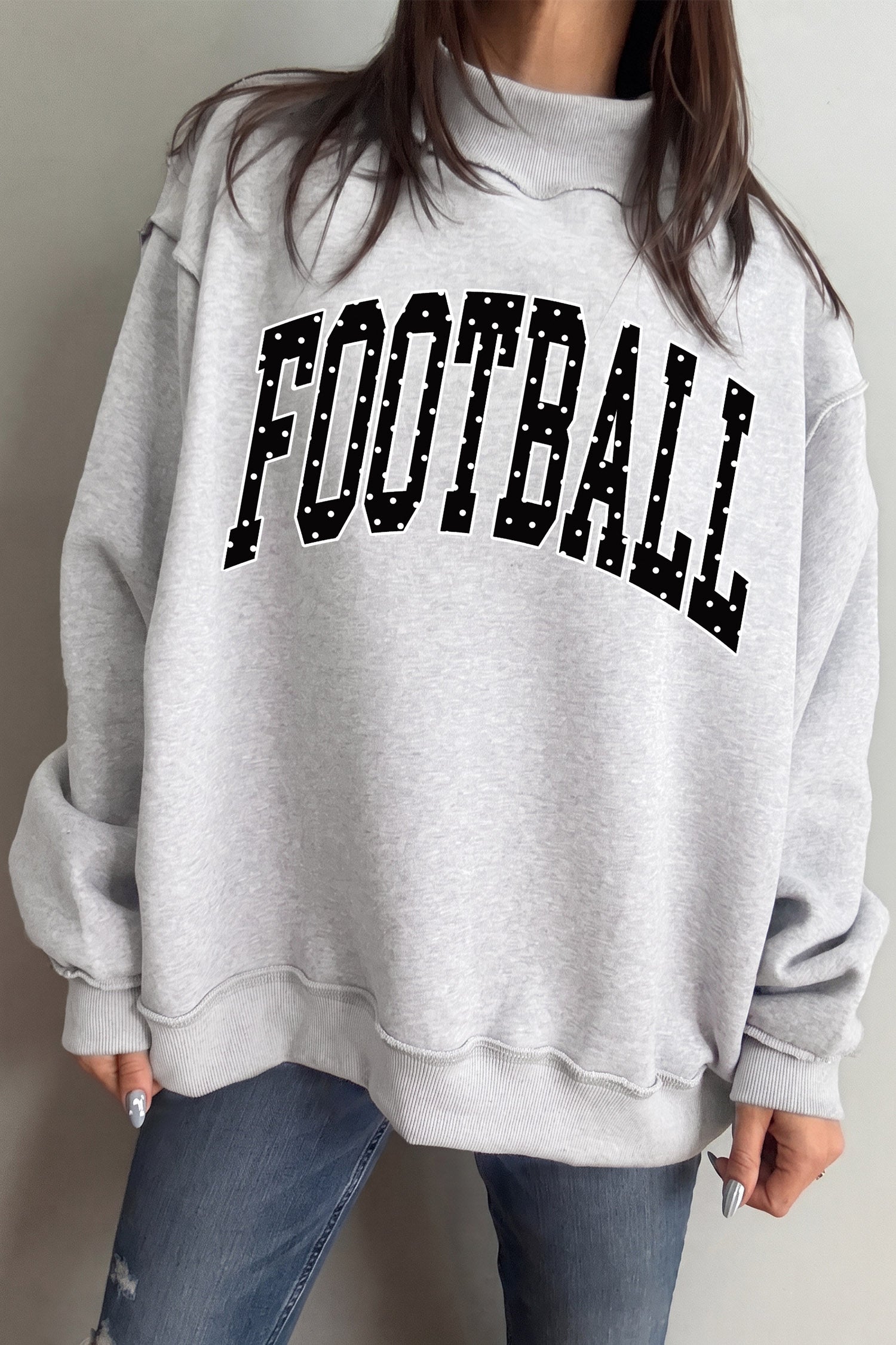 Light Grey Polka Dot Football Letter Print Mock Neck Long Sleeve Pullover Sweatshirt