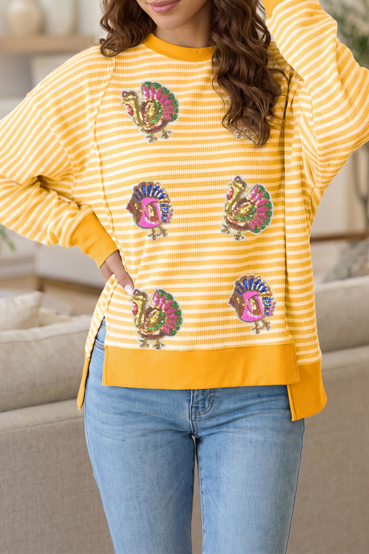 Khaki Stripe Sequin Turkey Graphic Split Hem Long Sleeve Relaxed Top