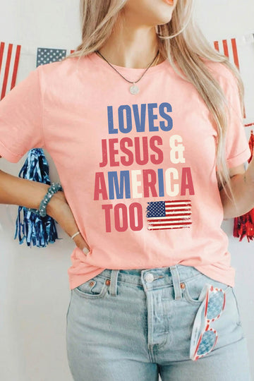 Pink LOVES JESUS & AMERICA TOO Patriotic Flag Graphic Tee