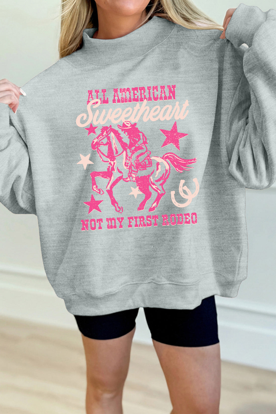 Gray Western Cowgirl Rodeo Print Mock Neck Graphic Sweatshirt