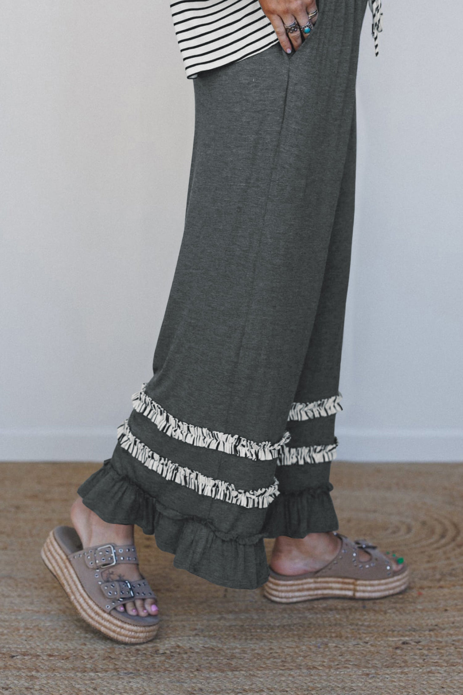 Gray Stripe V Neck Ruffle Contrast Sleeve Top Drawstring Pants 2pcs Set