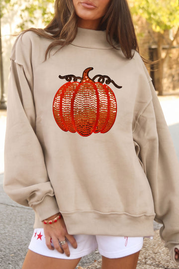 Apricot Sequined Pumpkin Graphic High Neck Baggy Sweatshirt