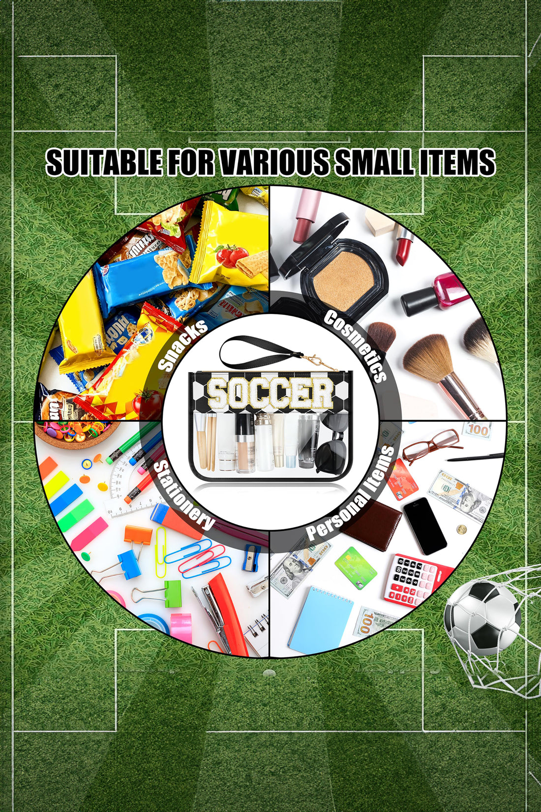 Color black SOCCER Chenille Letter Patch Game Day Stadium Clear PVC Cosmetic Bag