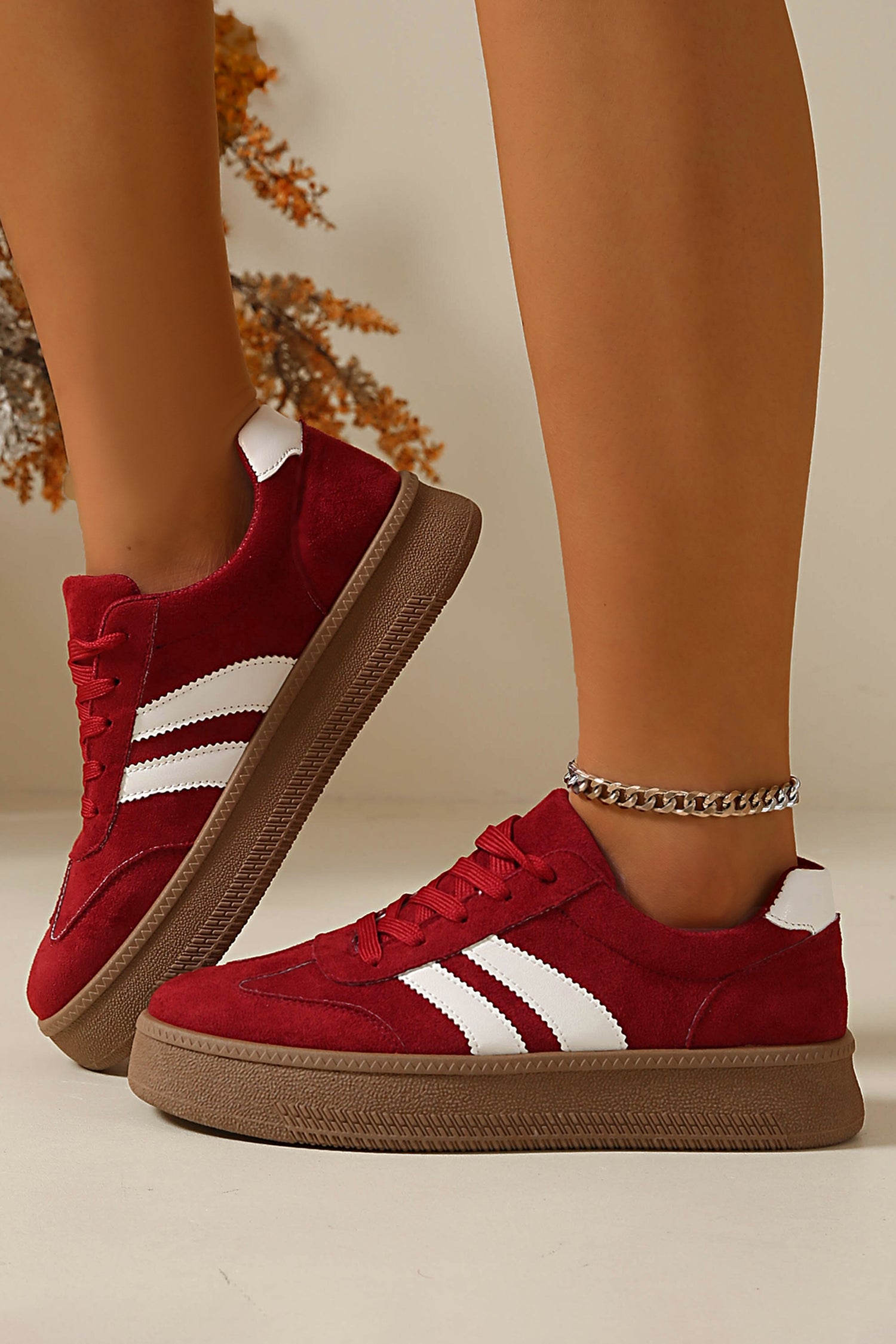 Fiery Red Contrast PU Leather Detail Lace Up Casual Shoes