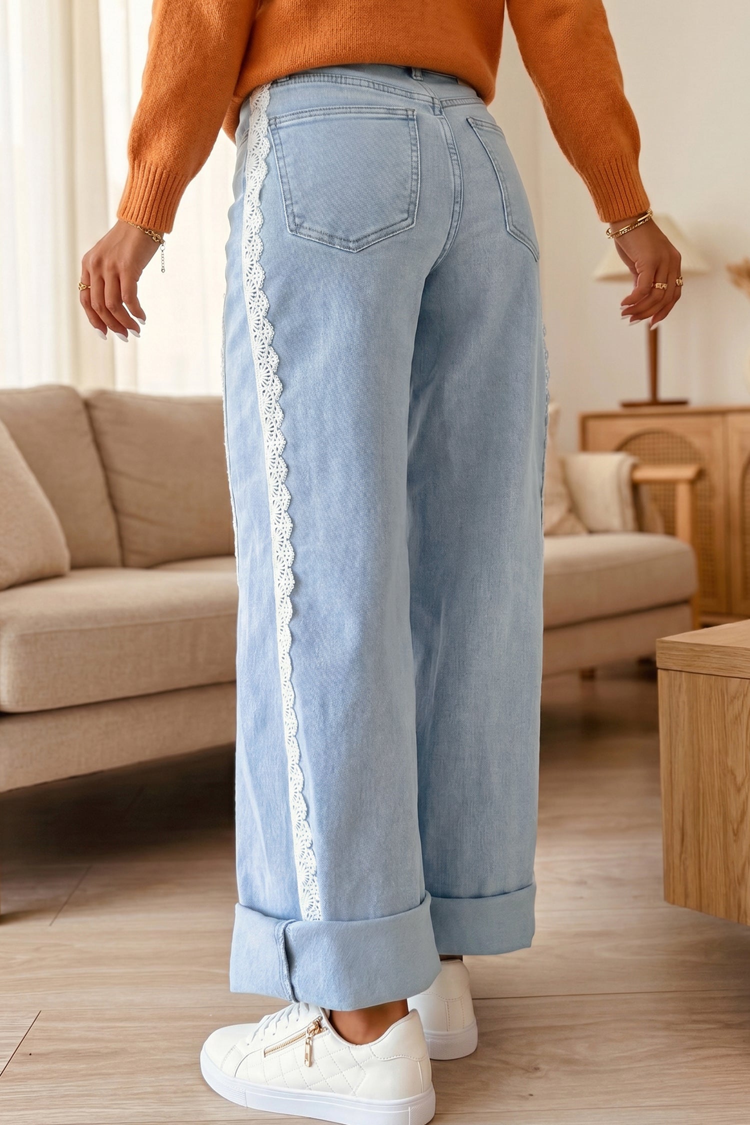 Beau Blue Lace Trim Casual Full-Length Regular Fit Jeans