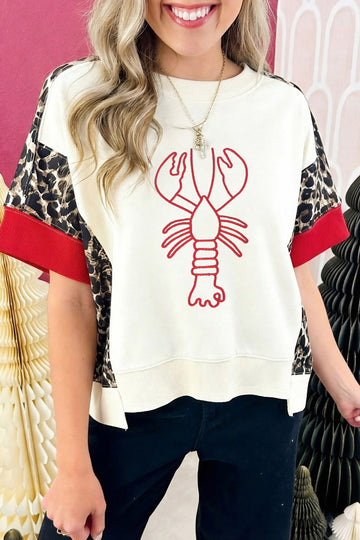 Beige Lobster Embroidery Leopard Print Colorblock Top
