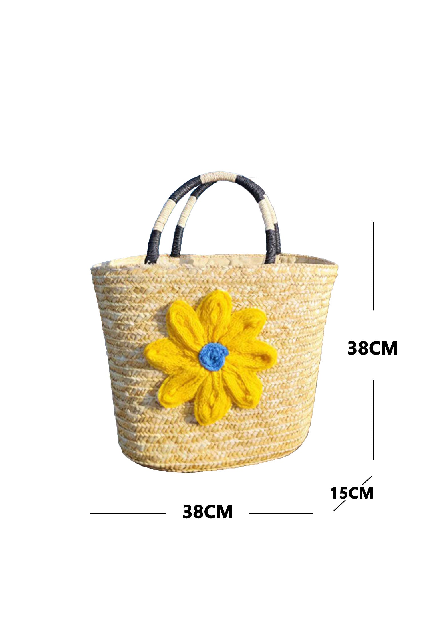 Yellow Crochet Flower Detail Boho Beach Straw Woven Handbag
