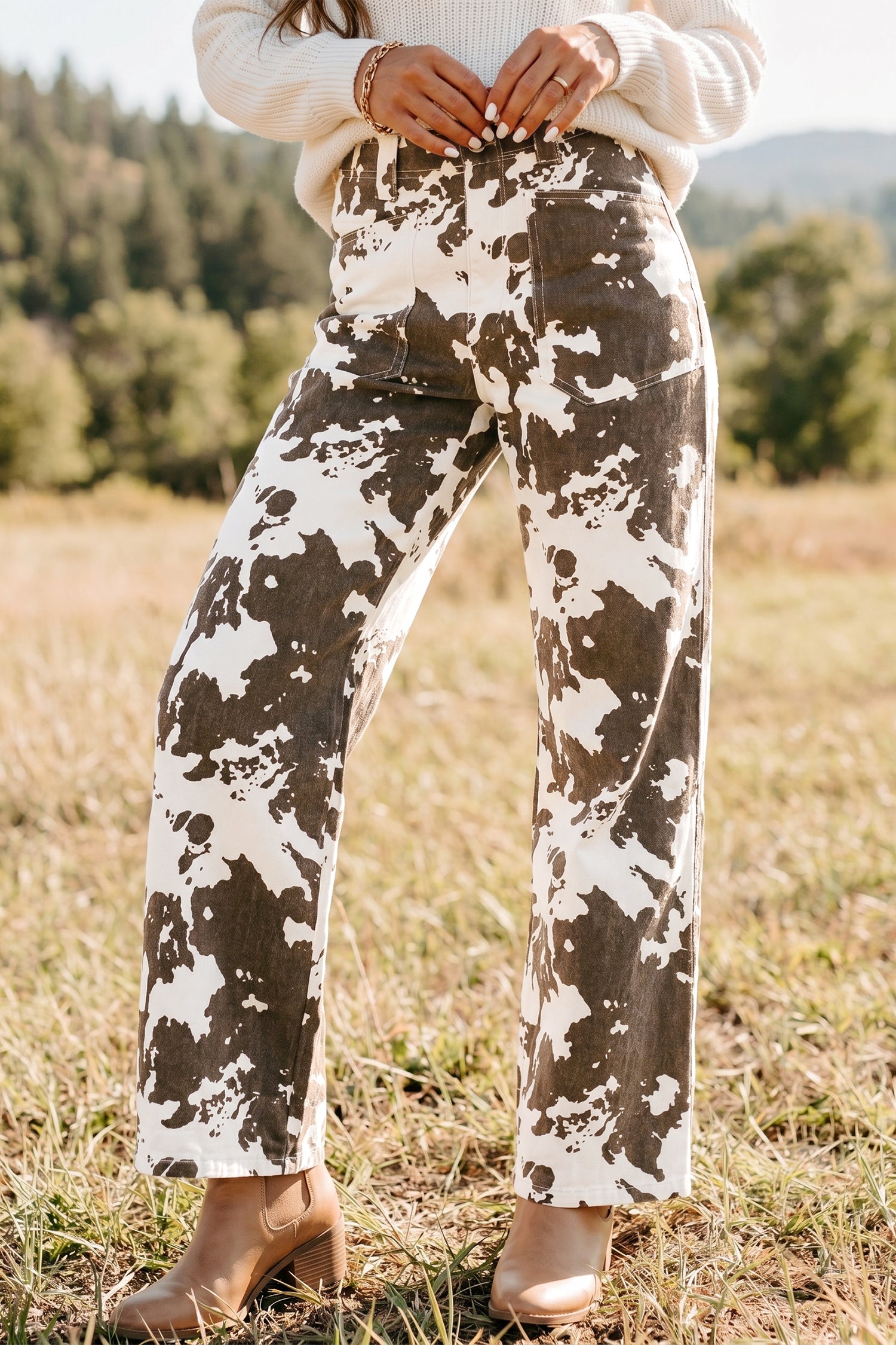 Brown Abstract Pattern Regular Fit Full-Length Western Style Jeans