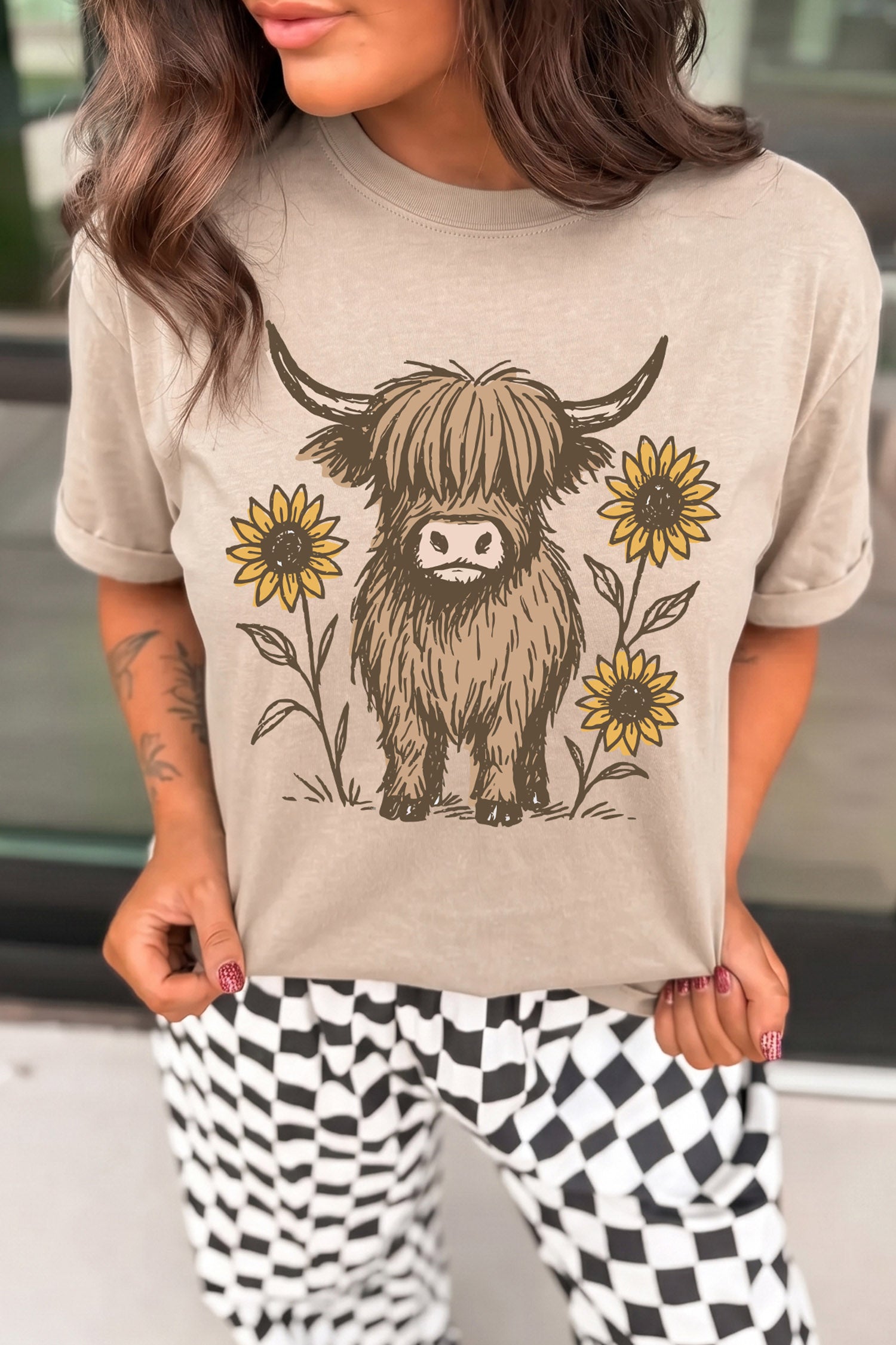 Khaki Western Print Highland Cow Graphic T-Shirt