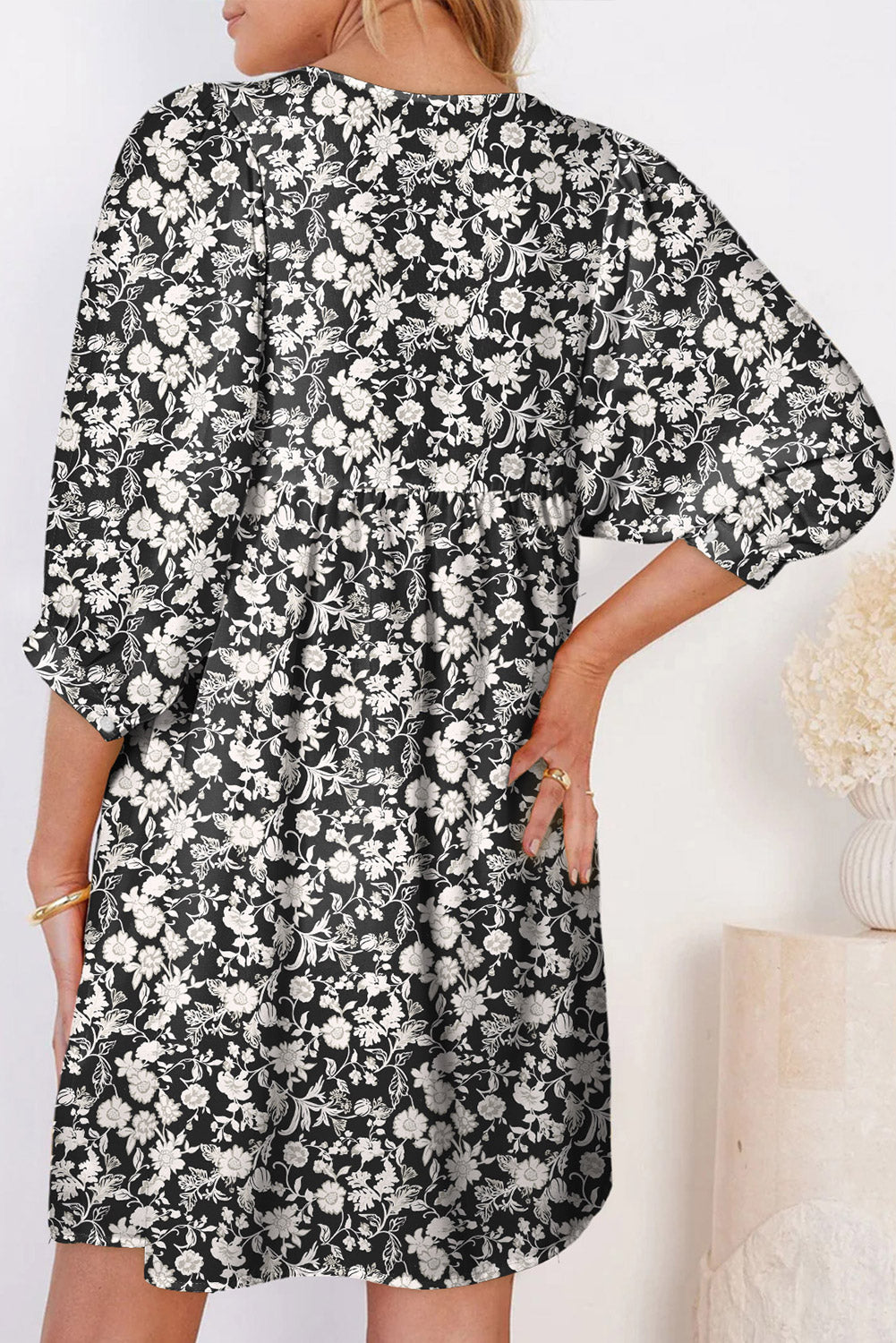 Black Floral Tie V Neck Quarter Sleeve Flowy Mini Dress