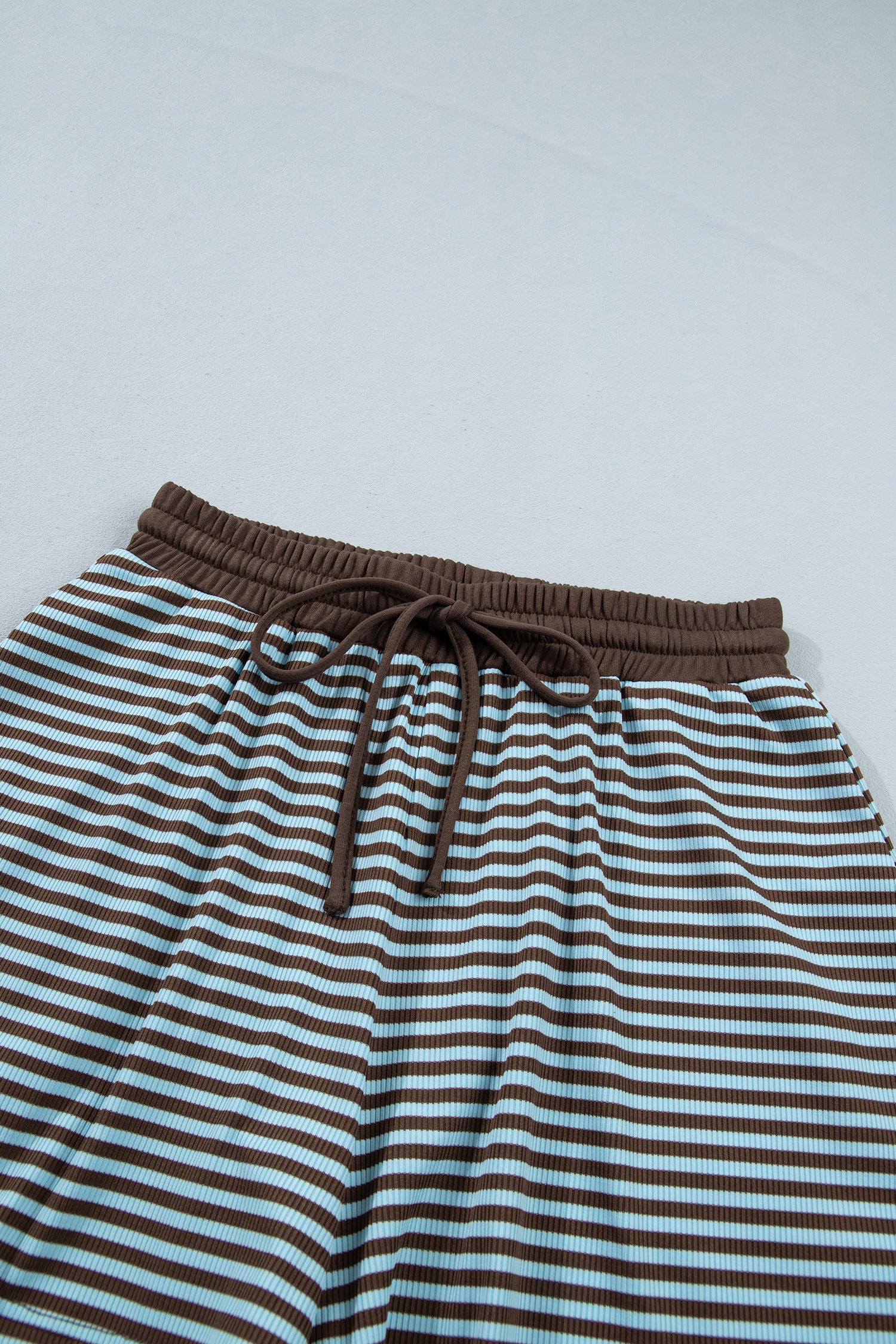 Brown Stripe Oversized Long Sleeve Top Drawstring Loose Shorts 2pcs Set